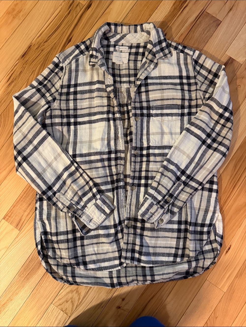American Eagle Outfitters Cream and Black Plaid Button-Down Shirt